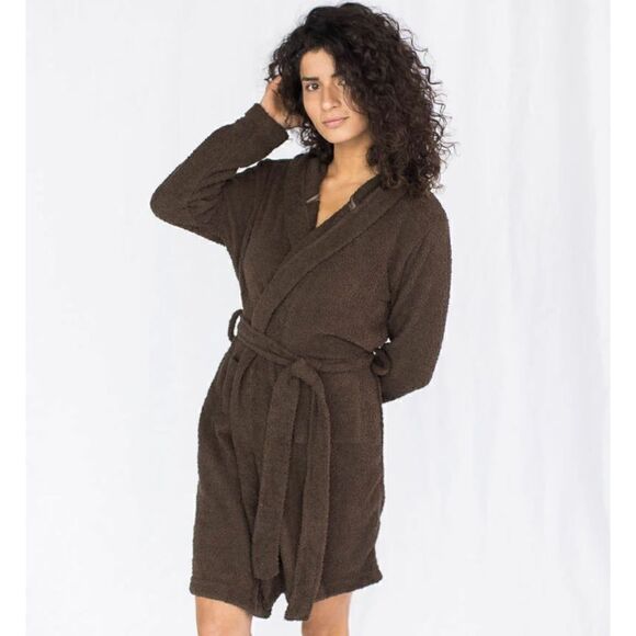 Mina Lisa Feather Knit Hooded Lounge Robe in Cocoa S - Picture 1 of 8